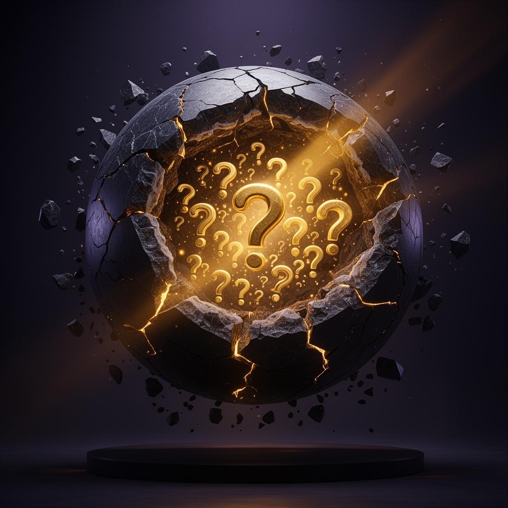 Obsidian vault cracked open revealing a constellation of glowing gold question marks