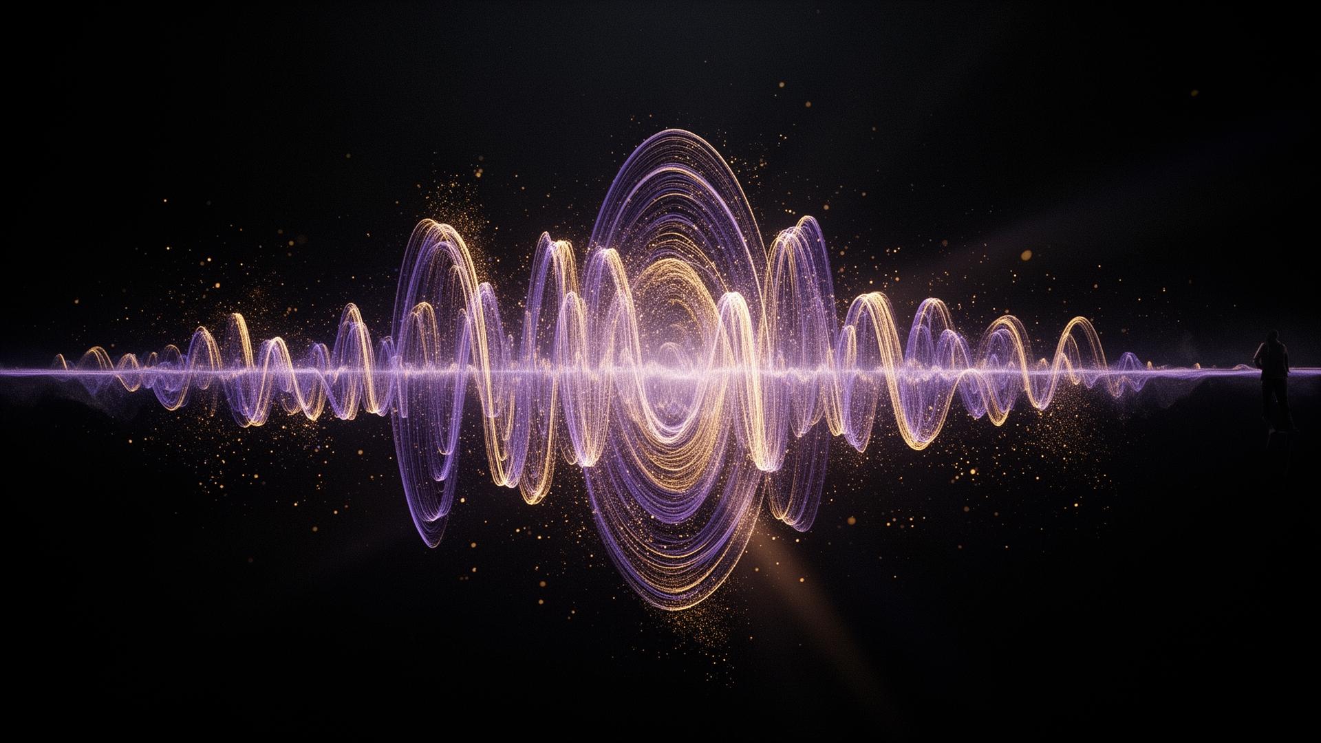 Luminous gold and lavender soundwave dissolving into darkness
