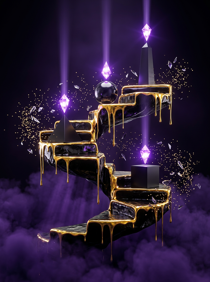 Spiraling obsidian staircase of four steps, each crowned with a violet crystal beacon and dripping molten gold, floating in deep violet fog