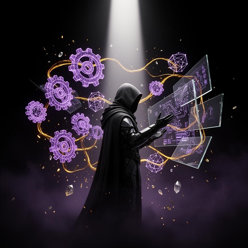 Faceless obsidian shadow operator orchestrating floating violet gears and gold filaments under a spotlight beam